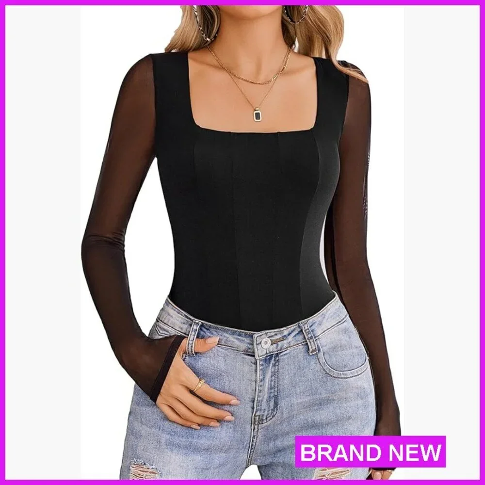 Long Sleeve Mesh Bodysuit Square Neck Elegant Y2K Chic Club Top Snap Closure